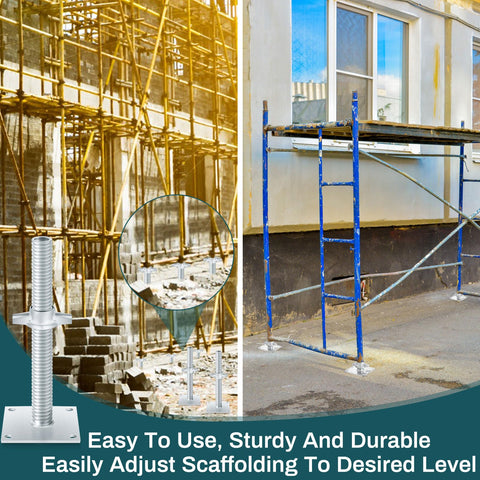 Heavy Duty Adjustable Leveling Jacks With Base Plate For Baker Scaffold System, galvanized jacks shown on construction site.