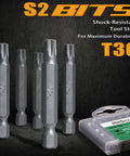 2 Inch Magnetic T30 Torx Bits Set With One Quarter Inch Hex Shank, S2 Steel Screwdriver Bits, Slide Out Storage Case shown