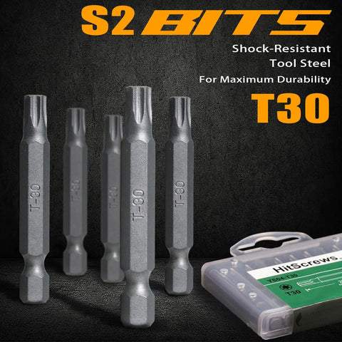 2 Inch Magnetic T30 Torx Bits Set With One Quarter Inch Hex Shank, S2 Steel Screwdriver Bits, Slide Out Storage Case shown