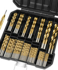 Titanium Coated Drill Bit Set, 99-Piece HSS Kit With 135 Degree Tips And A Heavy Duty Storage Case shown open with bits visible