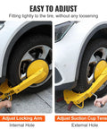Tough As Nails Heavy Duty Wheel Lock Clamp For Trailers And Vehicles installed on car tire, showing adjustment features