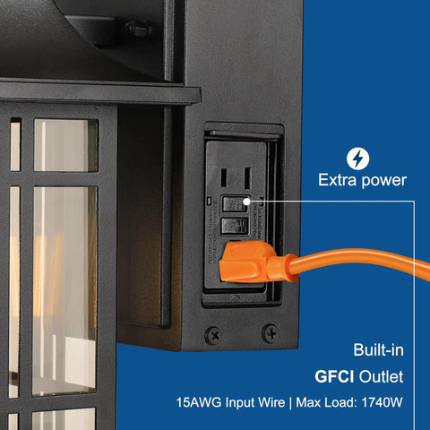 Motion Sensor Outdoor Porch Light With Dual GFCI Outlets waterproof wall with outlet and orange plug