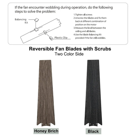 Reversible fan blades showing honey brich and black options, compatible with 52 Inch Modern Black Ceiling Fan With Light And Remote Flush Mount