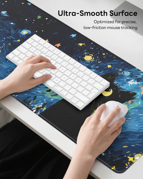 Starry Night Cat Mouse Pad 31.5 By 11.8 Large Desk Mat With Stitched Edges Non Slip Rubber Base And Reinforced Stitching For Durability