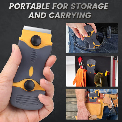 All In One Razor Blade Scraper Tool Set 2 Piece With 20 Replacement Blades shown used for storage and carrying