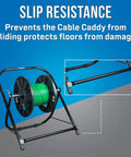 Beefy Steel Cable Caddy for reels up to 20 inches in diameter showing slip-resistant two-leg design for stable floor setup.