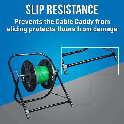 Beefy Steel Cable Caddy for reels up to 20 inches in diameter showing slip-resistant two-leg design for stable floor setup.