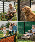Composite image showing Obsidian Black Chain Link Fence Privacy Tape, 250 Ft Coverage, used in gardens, with pets and families for privacy.