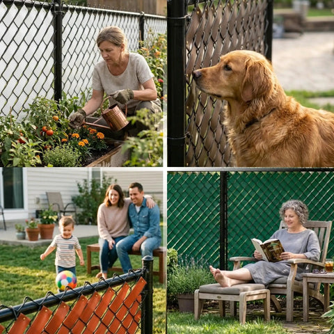 Composite image showing Obsidian Black Chain Link Fence Privacy Tape, 250 Ft Coverage, used in gardens, with pets and families for privacy.