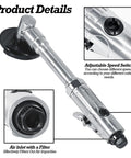Close-up of 3 Inch Pneumatic Cut Off Tool With Extended Handle And Stepless Speed Dial showing adjustable speed switch and air inlet.