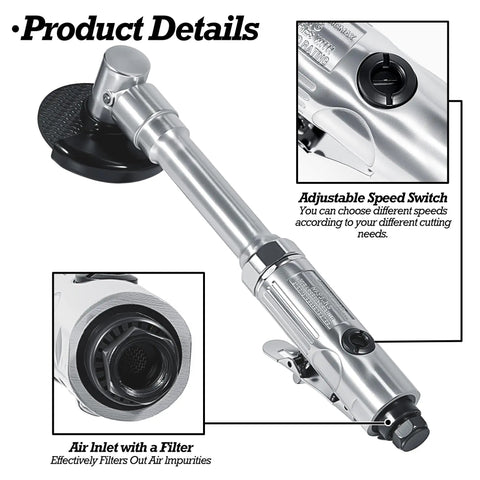 Close-up of 3 Inch Pneumatic Cut Off Tool With Extended Handle And Stepless Speed Dial showing adjustable speed switch and air inlet.