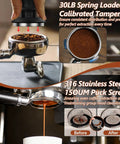 Close-up of 7 Piece 51mm Espresso Accessories Kit With Spring Loaded Calibrated Tamper WDT Tool Dosing Funnel 75ml Dosing Cup