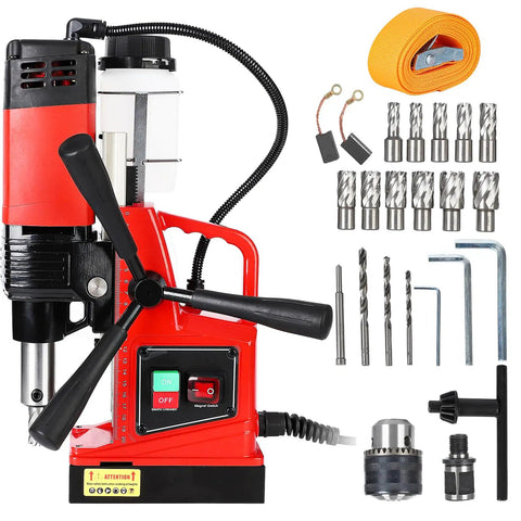 Heavy Duty Portable Electric Mag Drill Press With Powerful 1300W Motor and 2922 Lbf Holding Force, complete with drill bits and accessories.