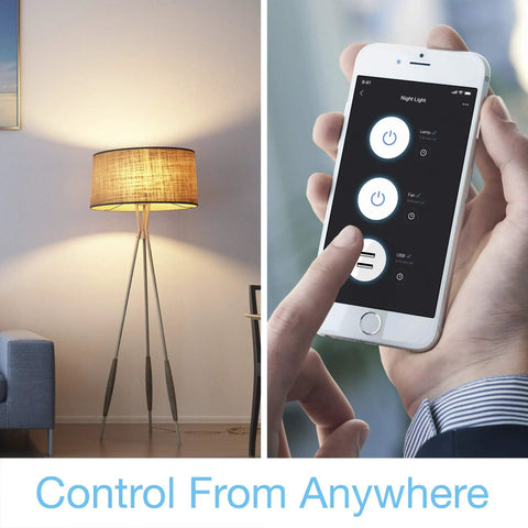 WiFi Smart Wall Outlet Two Pack With App Control, Plug And Play Setup, shown controlling a lamp via smartphone app