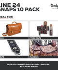 Top Shelf Antique Brass Snap Fasteners Line 24 Size Built Tough And Ready To Roll For Leather Crafting Or Bag Making Fits Like A Dream Comes As A Straight 10 Pack Of Solid Hardware displayed with bags, tool belts, belts, and saddles.