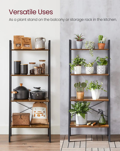 4-Tier Ladder Shelf Storage Rack With Steel Frame Bookcase For Living Room Home Office Kitchen Bedroom Industrial Rustic Brown And Ink Black Finish Perfect For Stacking Books Decor And Gear In Tight Spaces ULLS44X with pots and plants on shelves