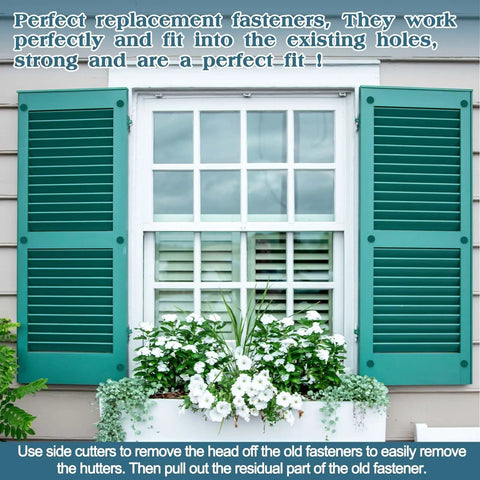 Top Shelf Sixty Pack 3 Inch Vinyl Shutter Fasteners Heavy Duty Exterior Window Panel Pegs And Spike Anchors For Wood Aluminum Shutters, green shutters on a house.