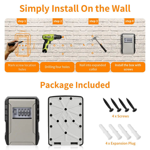 Installation steps of Go To Extra Large Key Lock Box Weatherproof Wall Mount with screws and plugs included