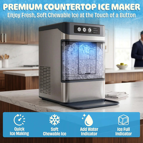 Countertop Nugget Ice Maker Delivering Dang Good Soft Chewable Ice That Chills Your Drinks Fast, showing ice ready for drinks.