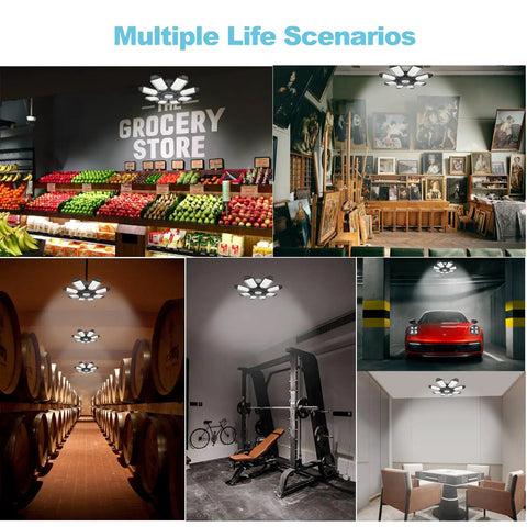 LED Garage Ceiling Light Beastly Bright 32K Lumens Daylight 6500K, 8 Plus 1 Deformable Panels in various room settings