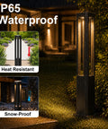 Modern Black LED Pathway Lights Sleek Cone Bollards in heavy rain highlighting their IP65 waterproof feature and elegant design.