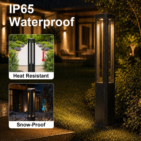 Modern Black LED Pathway Lights Sleek Cone Bollards in heavy rain highlighting their IP65 waterproof feature and elegant design.