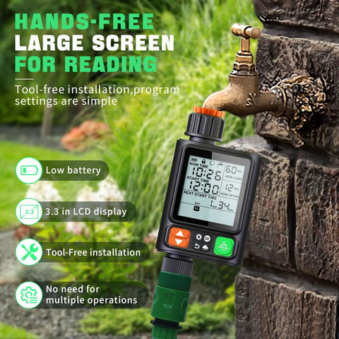 No-Fuss Ten Independent Hose Timers With 10 Programmable Programs, Auto Rain Delay, IP54 Waterproof, 3.3-Inch Large LCD Sprinkler Timer