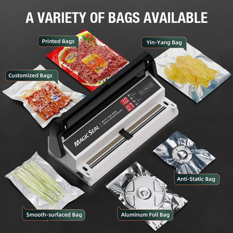 Nozzle Vacuum Sealer For Mylar And Smooth Bags 220W Food Saver With Adjustable Vacuum And Seal Time Auto Or Manual Modes Perfect For Long Term Storage Not For Textured Bags Model MS175 sealing various bag types