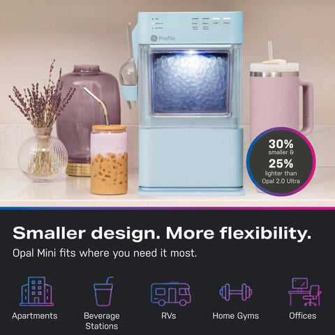 Portable Countertop Nugget Ice Maker Delivers Sick Chill Levels With Legit Chewable Snow Ice Ready Fast in light blue design with beverages.