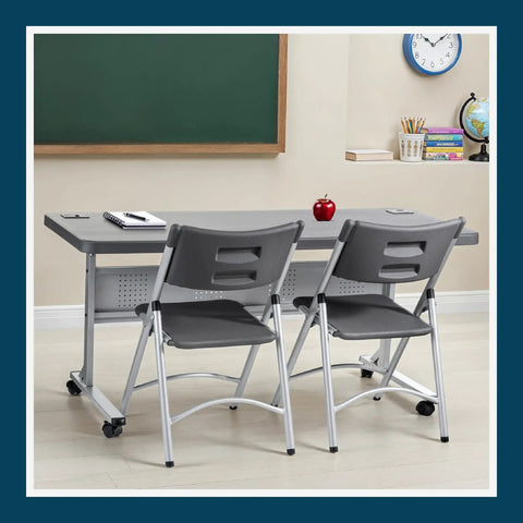 Pro Grade Nesting Flip Top Training Table With Blow Molded 1.75 Inch Thick Surface, Steel Frame, Heavy Duty Industrial Build, 24 By 60 Inch Charcoal Slate Top for Classrooms, Labs, and Training Rooms with two chairs.