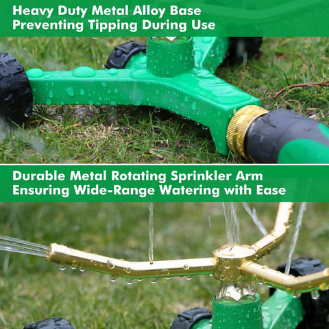 2 Pack 3 Arm Metal Lawn Sprinklers With Rolling Wheel Base showcasing metal base and sprinkler arms on grass