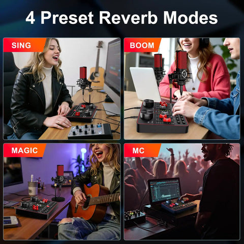 All In One USB Audio Mixer For PC And Phone Live Streaming And Gaming setup with mic and laptop in various use cases