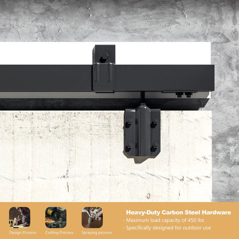 Close-up view of Beefy 13Ft Industrial Grade Black Double Door Track Kit for exterior sliding barn doors, mounted on a wall.
