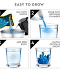 Mega Crystal Growing Kit For Kids Grow 6 Colorful Crystals with steps to mix, pour, add seed rock, and grow crystals.