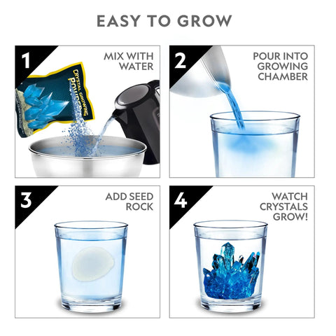 Mega Crystal Growing Kit For Kids Grow 6 Colorful Crystals with steps to mix, pour, add seed rock, and grow crystals.