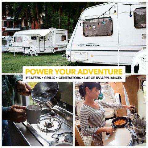 RV propane gas regulator product image collage showing white travel trailers, string lights, and camper kitchen scenes.