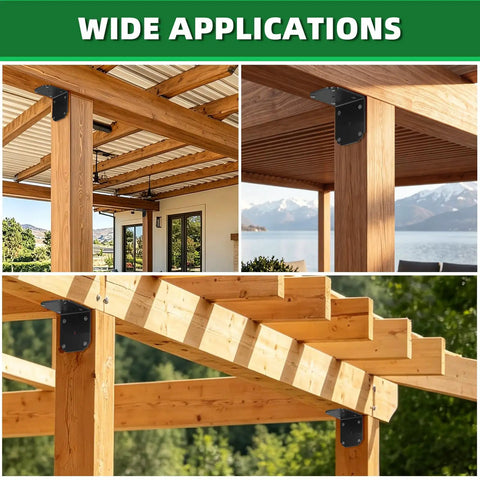 Eight Pack Heavy Duty Right Angle Brackets For Shelves And Furniture Hella Sturdy L Shape corner supports on wooden beams of a pergola.