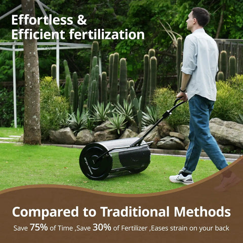 Man using 36 Inch Towable Compost Spreader with Black Metal Mesh Roller for Topsoil Mulch Manure and Peat Moss on lawn