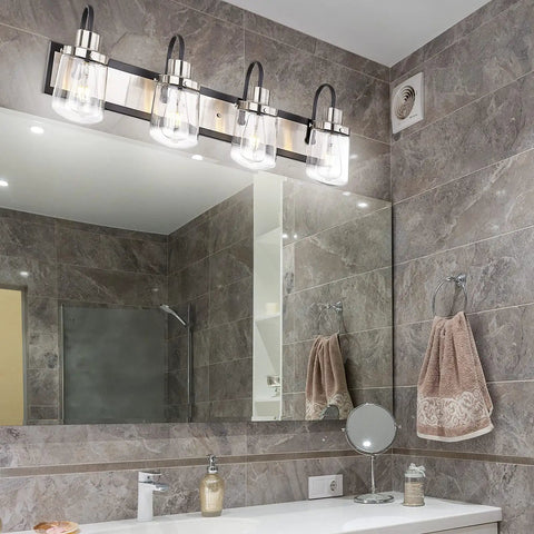 Modern Black And Satin Nickel Vanity Light With Clear Glass Shades, 4-Bulb Indoor Wall Lamp Installed in Elegant Bathroom