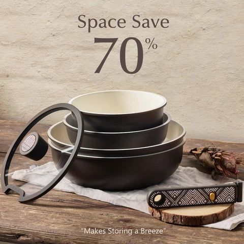 Nonstick Ceramic Cookware Set With Detachable Handle, 21 Pieces, stacked bowls, PFOA/PFOS free, space-saving design
