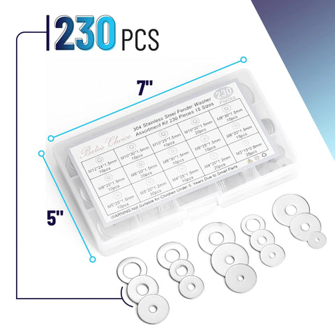 Front view of Bates Choice 230-piece stainless steel fender washer assortment kit in a clear plastic case with 15 sizes.