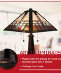 Cool Tiffany Style Table Lamp with stained glass shade and vintage iron base, geometric design, 23 inches tall, nightstand ready