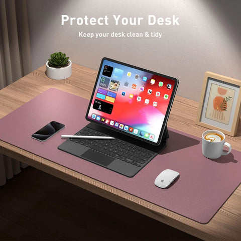 Leather Desk Pad Protector And Mouse Pad For Home Office No Slip PU Leather Desk Mat Waterproof Writing Pad 23.6 By 13.7 Inches Dark Pink