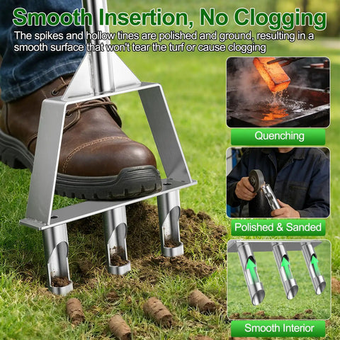 Manual Core Aerator Lawn Tool With Stainless Steel Tines in use on grass showing soil cores and polished hollow tines.