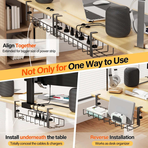 Image of 2 Pack Under Desk Cable Management Tray With Upgraded Clamp No Drill Wire Organizer 31.4 Inch Metal Desk Cord Rack in use, showing various installation methods under and on top of a desk.