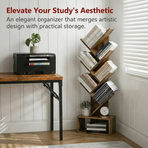 6 Tier Tree Bookshelf For Small Spaces, Corner Display Rack, Rustic Brown Hardwood in home office setting with books and decor
