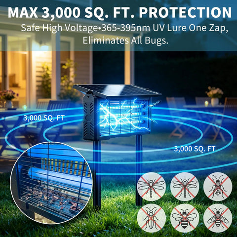 Solar USB C Bug Zapper Outdoor Mosquito Trap With 9600mAh Battery 365 To 395 Nanometers UV Light Dusk To Dawn Sensor 2500V Grid