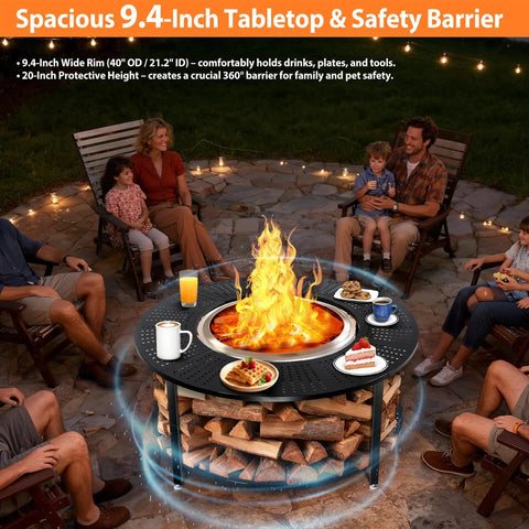 Family gathered around 40-Inch Compact Fire Pit Surround Tabletop For Solo Stove Ranger And Tiki 20-Inch Pits, Built Tough Steel