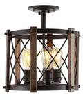 Oil Rubbed Bronze 14 Inch 3-Light Iron Flush Mount Ceiling Light, Rustic Farmhouse Diamond Basket Light Fixture For Kitchen Or Hallway, UL Listed, LED Bulbs Included showing glowing Edison bulbs