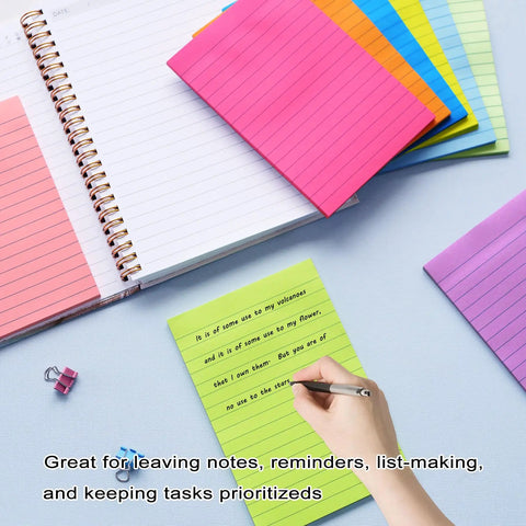 Nine Pack 4x6 Inch Lined Sticky Notes With Lines In Nine Bright Colors Large Ruled Self Adhesive Note Pads 35 Sheets Per Pad Ideal For Office And Home Organization To Do Lists Notes And Quick Reminders, showing colorful pads and a person writing on a green note.